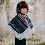 Alpaca Baby Poncho - Art Andina - Alpaca Wool Knitted Poncho for Kids, Boho Hooded Toddler Cape with Fringe, Handmade Woven Ethnic Print Wrap, Children’s Fall Clothing Gift
